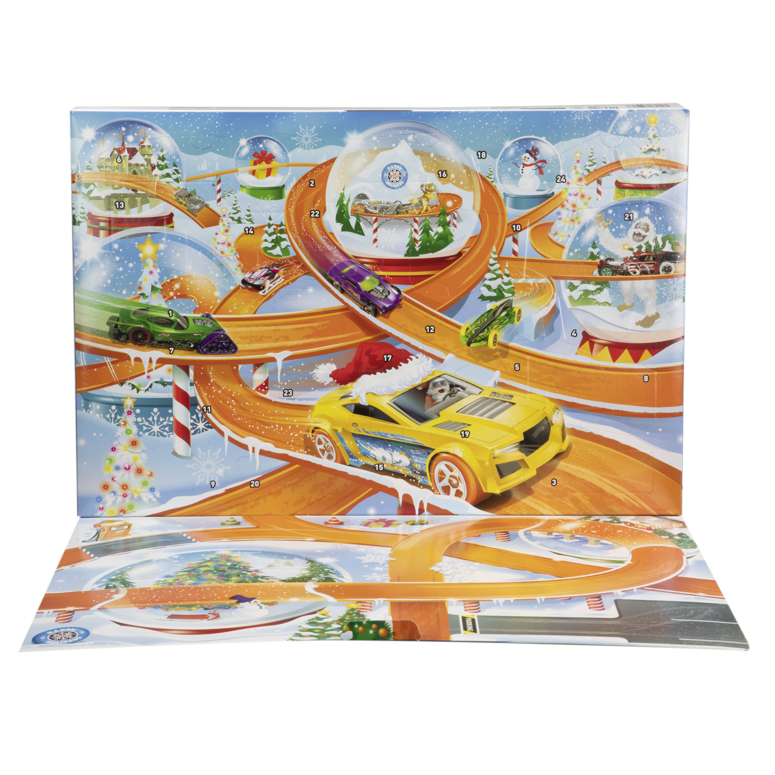 Адвент-календарь Hot Wheels 2024, 8 машинок 1:64 и 16 зимних аксессуаров, от 3 лет — фото 6