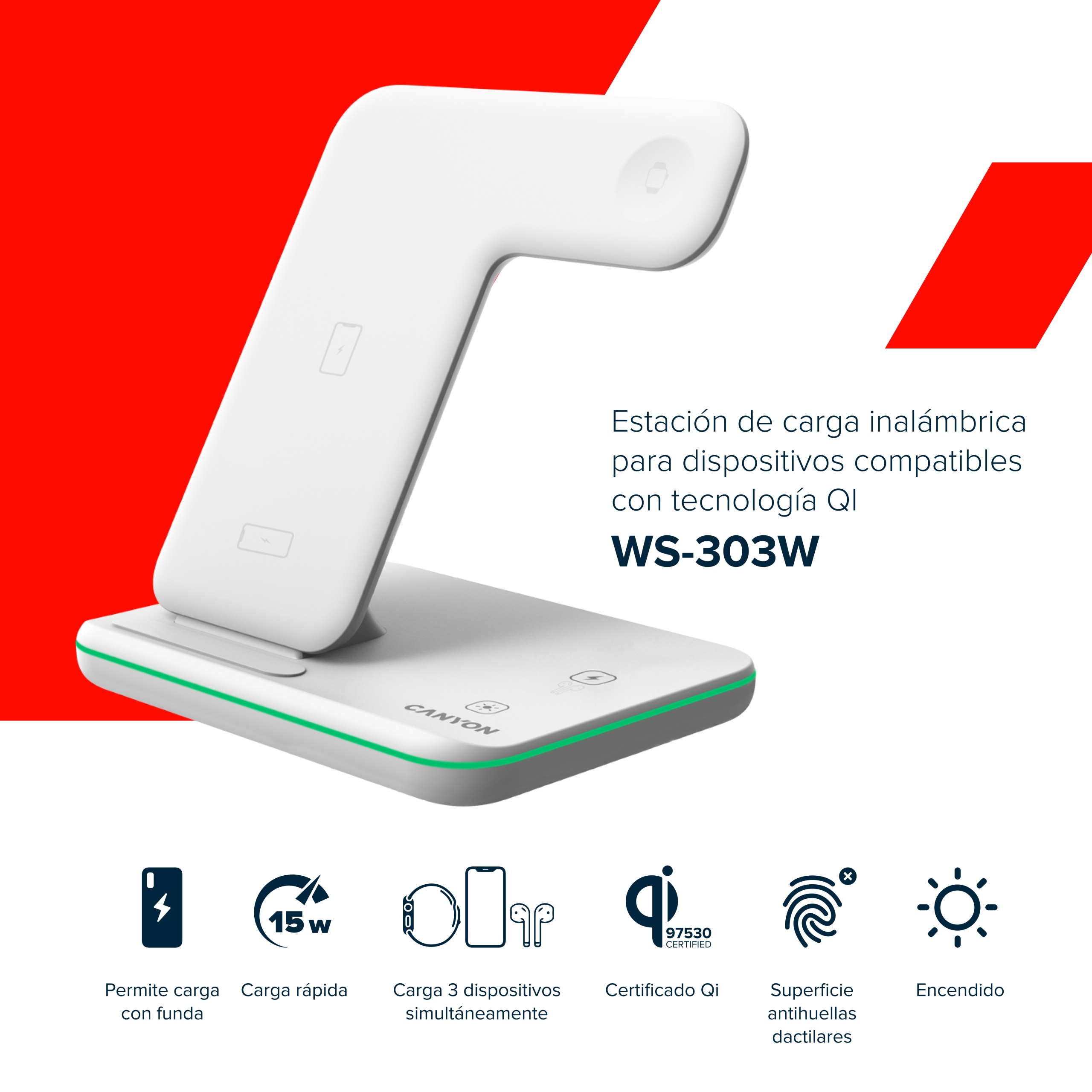 CANYON Ładowarka bezprzewodowa WS-303 15W 3w1 Biała — 11