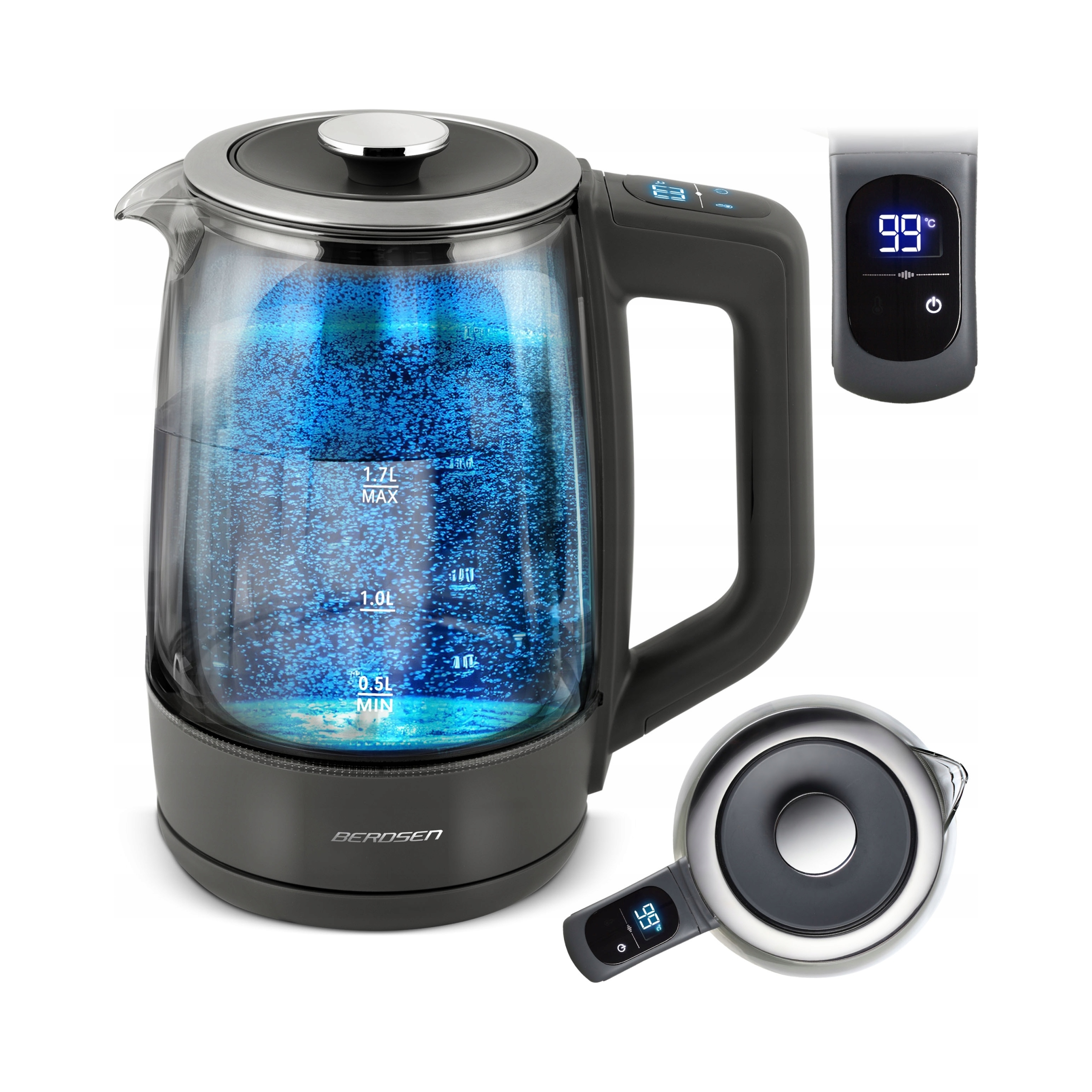 Elektrická Skleněná Rychlovarná Konvice Šedá 2200 W Dotykový Panel 1,7 L Berdsen
