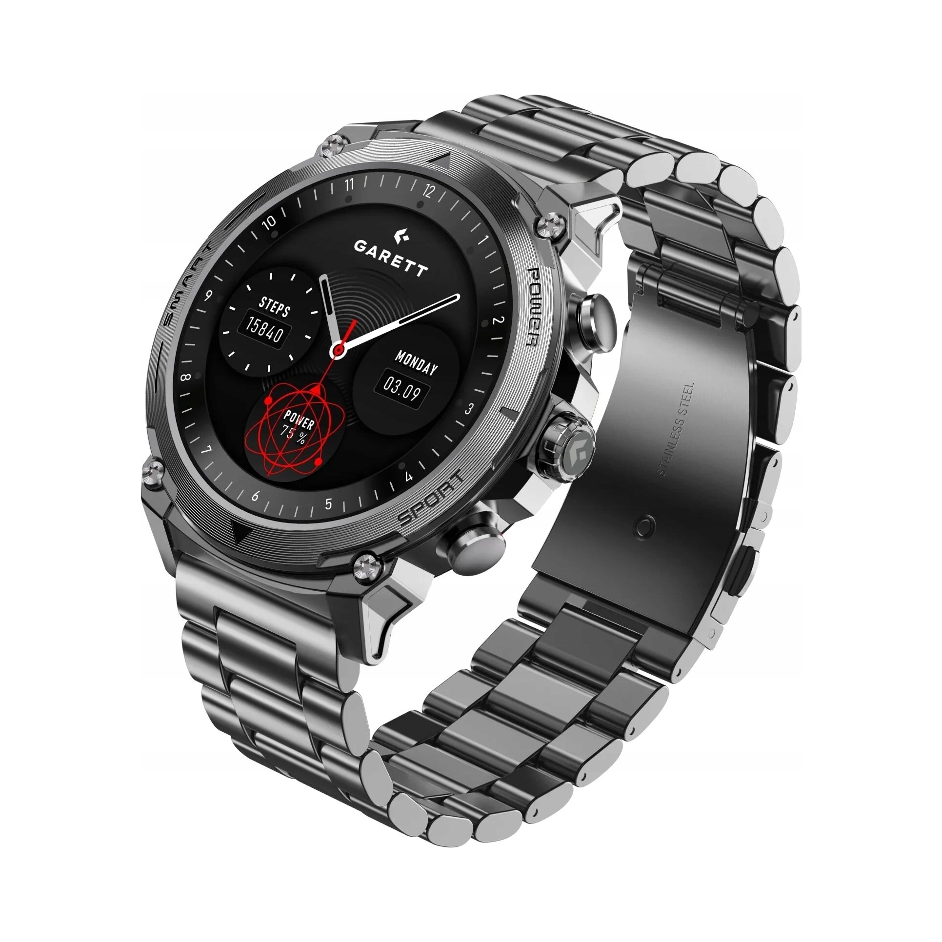 Smartwatch Garett Atom srebrny stalowy 47 mm dotykowy Bluetooth