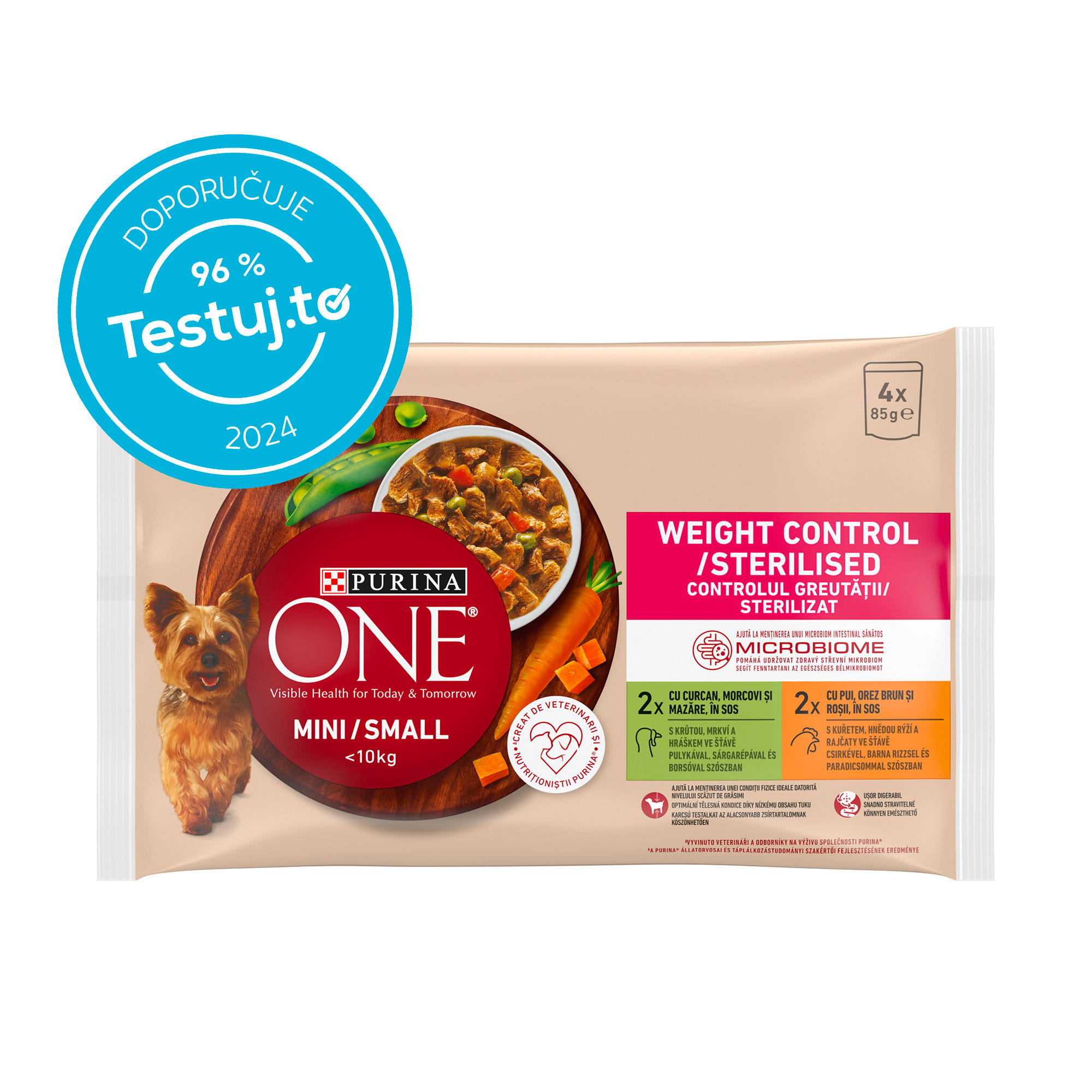 Levně Purina One Mini Dog Weight Control krůta a kuře ve šťávě 4x85g