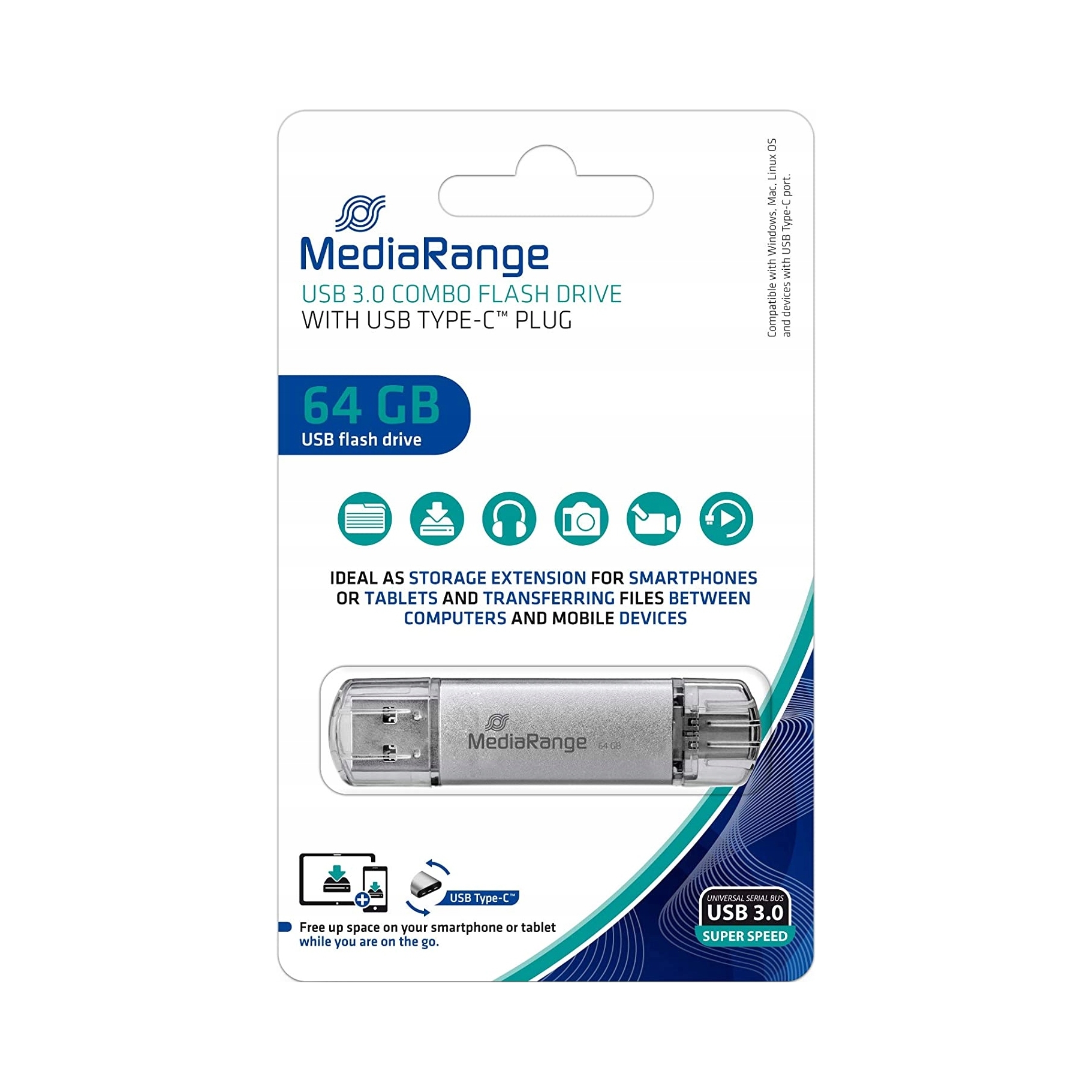 Pendrive MediaRange MR937 64 Gb Usb 3.1 typ C srebrny