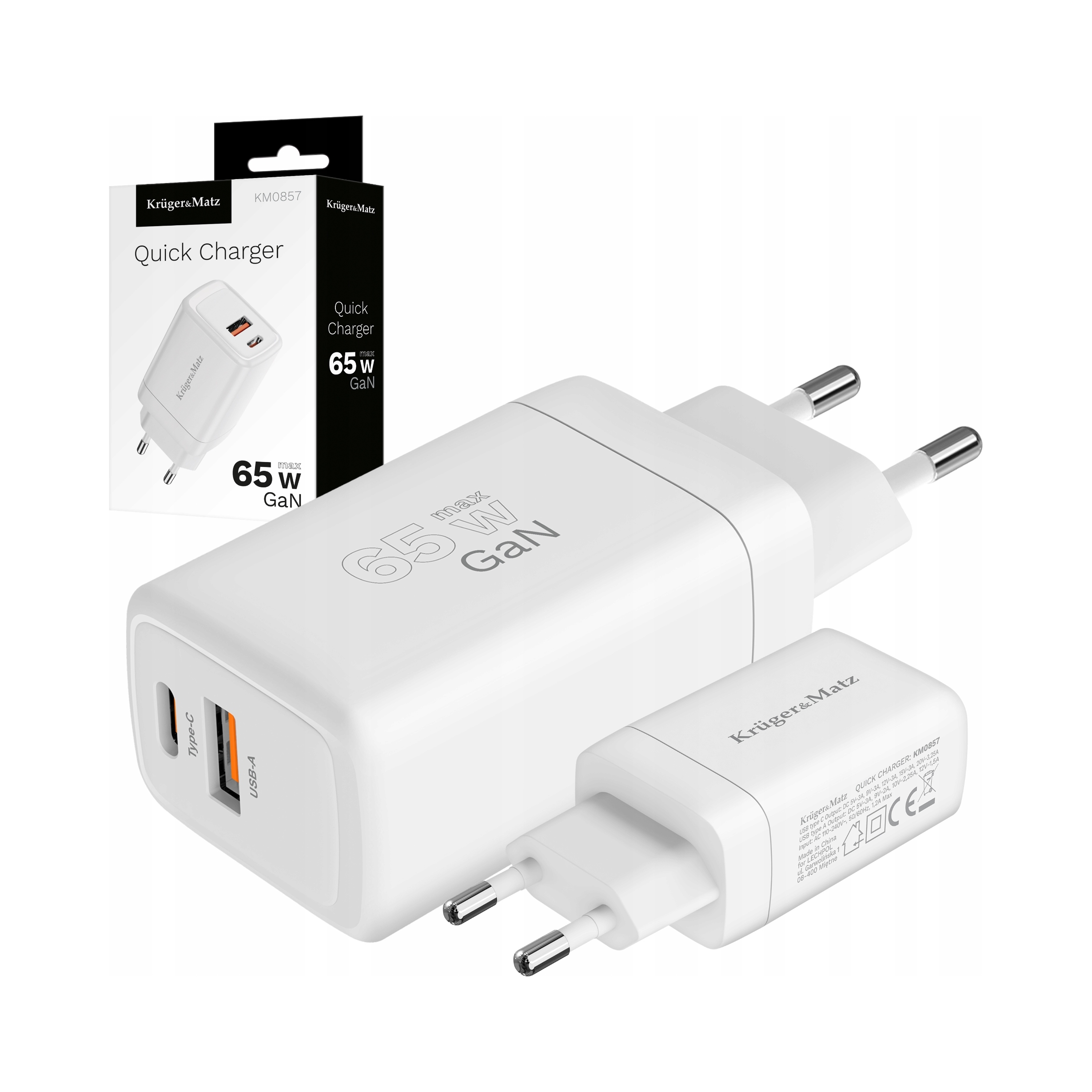 Ładowarka sieciowa Kruger&Matz 65 W GaN z funkcją Power Delivery i Quick
