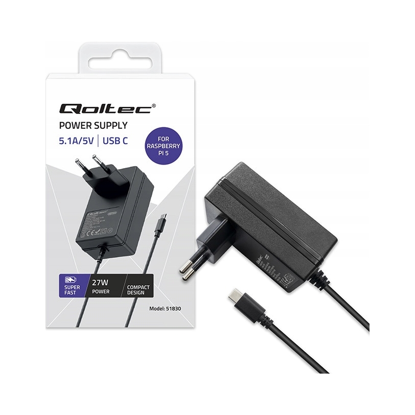 2× Qoltec Ładowarka Super Fast PD do Raspberry Pi 5 USB-C 27W 5.1V 5A czarna