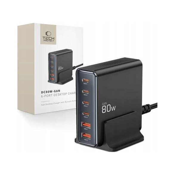 Multi stolní nabíječka pro 6 zařízení 6-Port Tech-Protect, Gan 80W, výkonná
