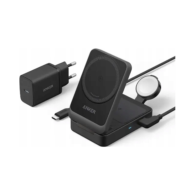 Nowa Ładowarka indukcyjna składana Anker MagGo 3w1 15W, Qi2, czarna