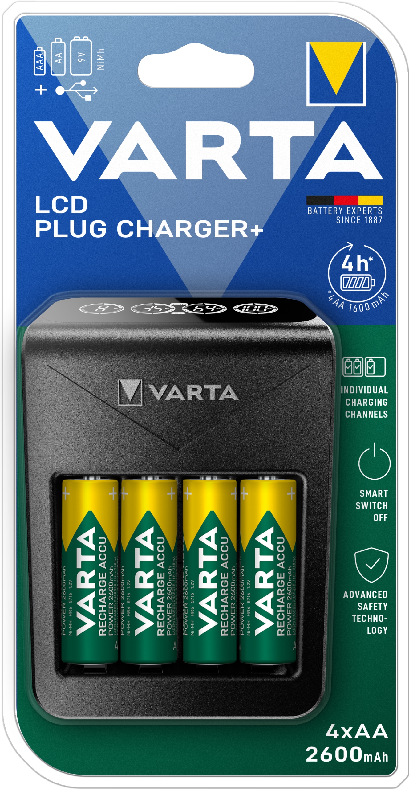 Nabíječka baterií Varta LCD Plug Charger+ s 4x AA 2600 mAh