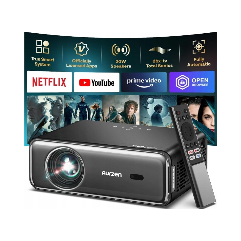 Projektor Aurzen Eazze D1 Pro Netflix FullHD 1080P WiFi Bt Usb dekóduje 4K