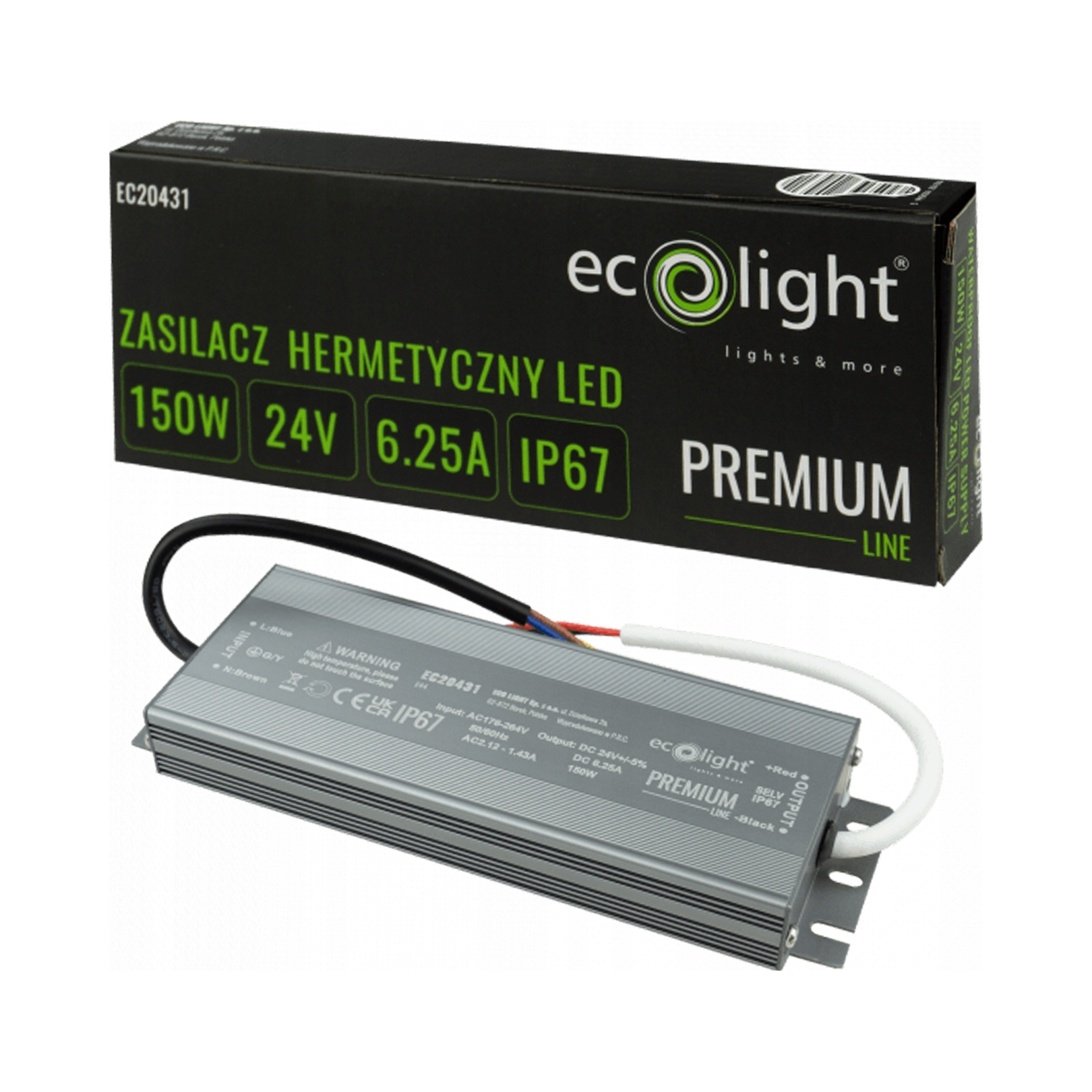 Zasilacz do taśm Led hermetyczny 150W 24V 6.25A IP67 Premium Ecolight