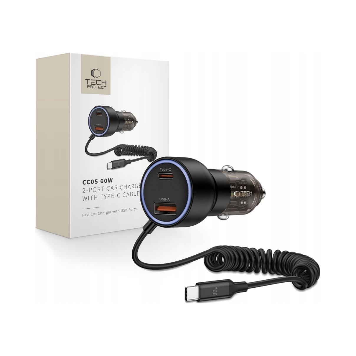 Tech- Protect CC05 2- Port Car Charger Pd 60W Cable Black Tech- Protect