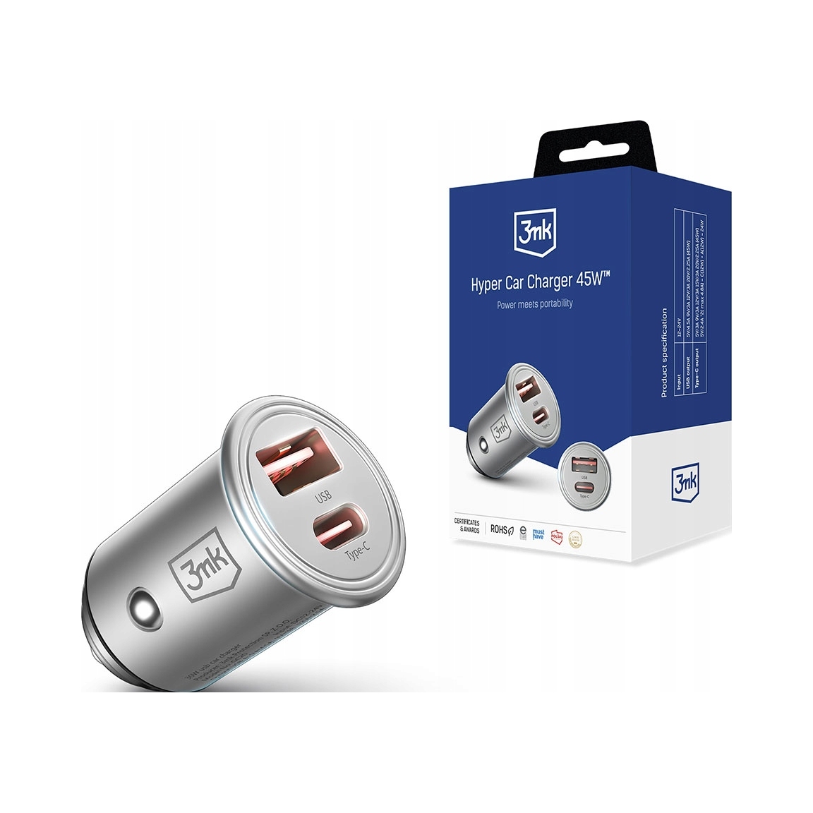 Ładowarka samochodowa 3mk Hyper Car Charger 45W Usb- C Usb- A srebrna 3mk