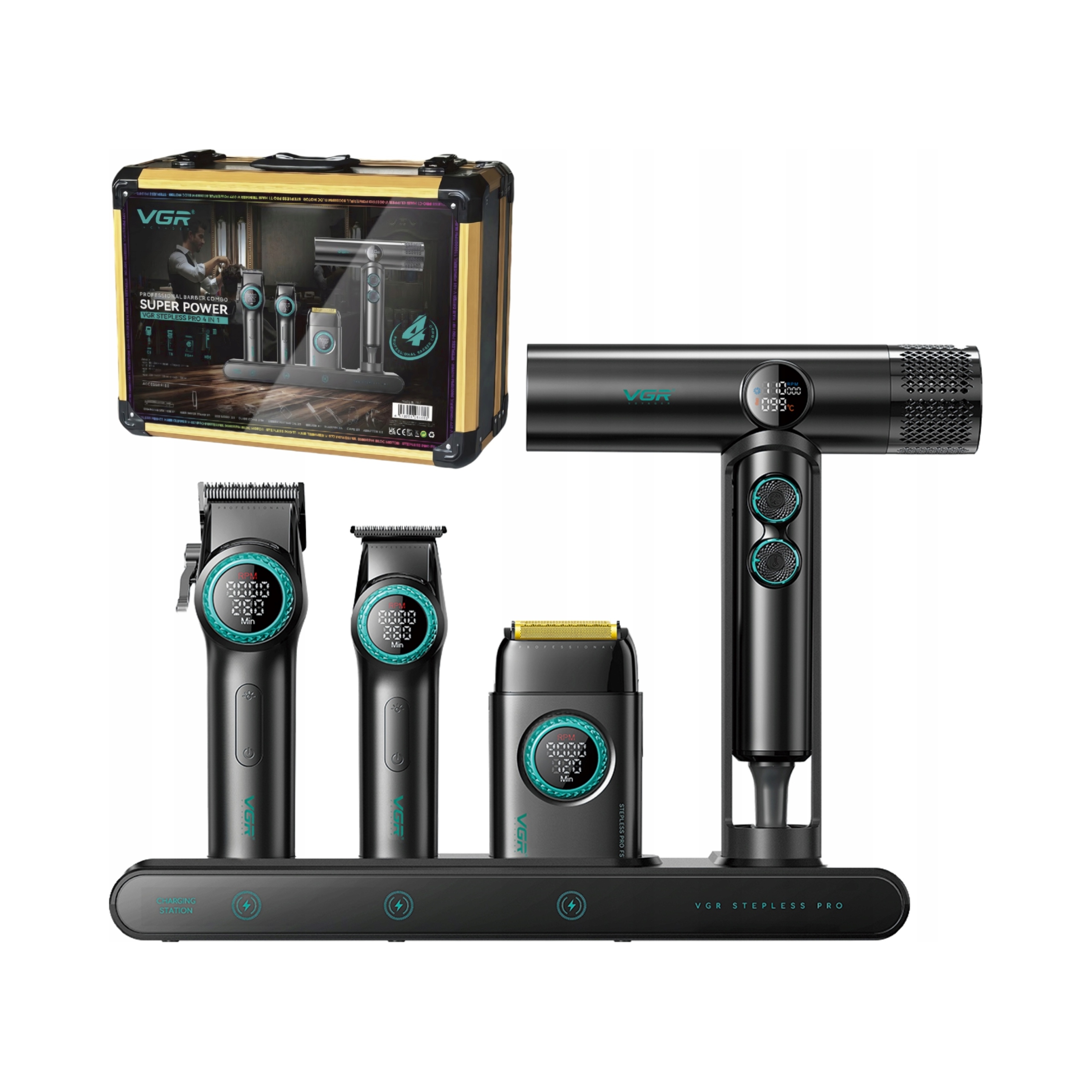 Zestaw Vgr 4w1 maszynka, trymer, golarka, suszarka stacja ładująca walizka