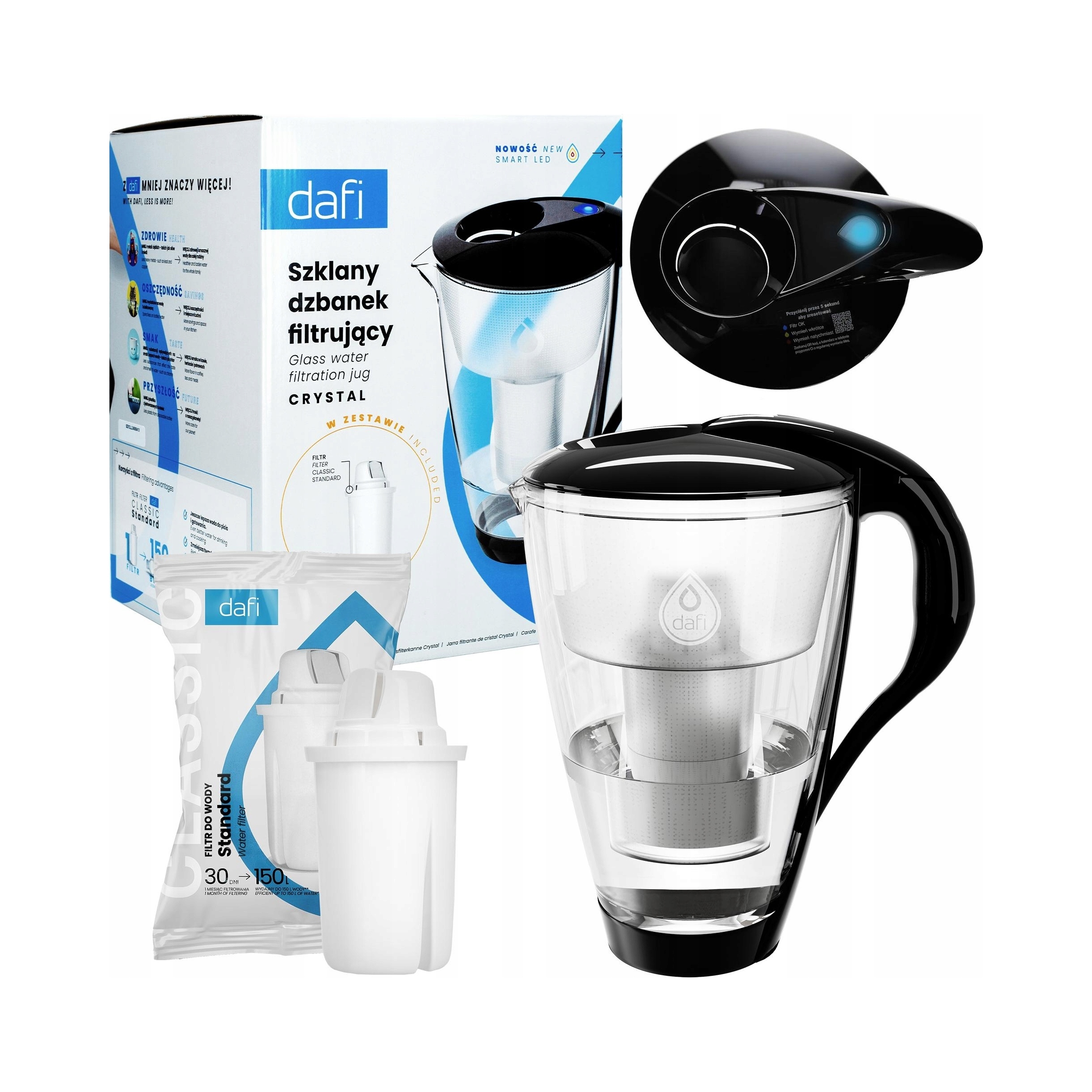 Dzbanek filtrujący szklany Dafi Crystal Led czarny 2L filtr wkład Classic