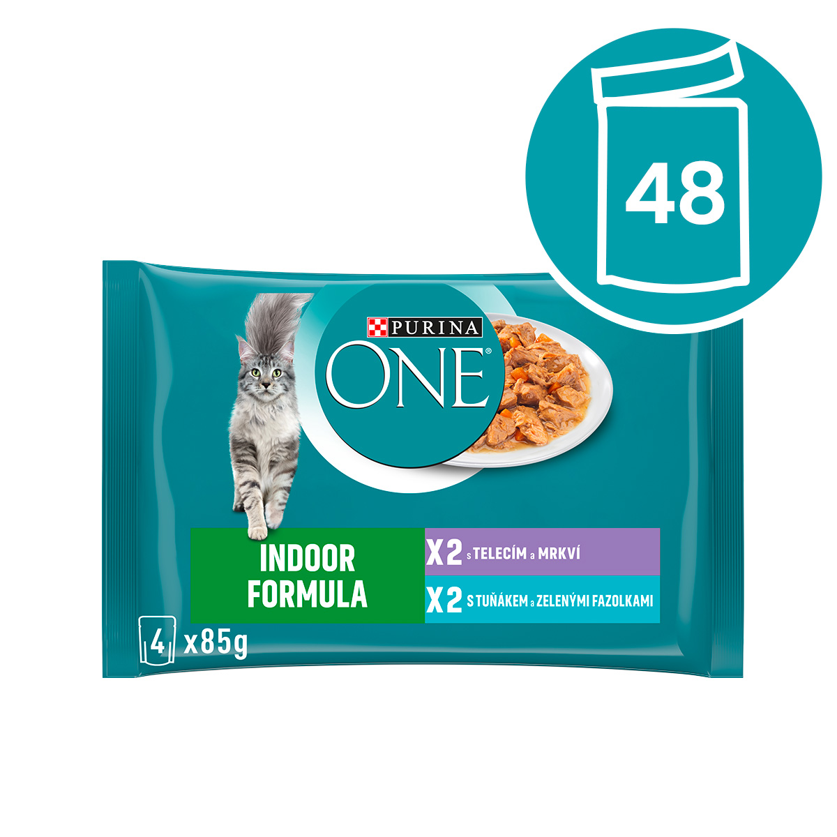 Levně Purina One Indoor multipack tuňák a telecí ve šťávě 48x85 g