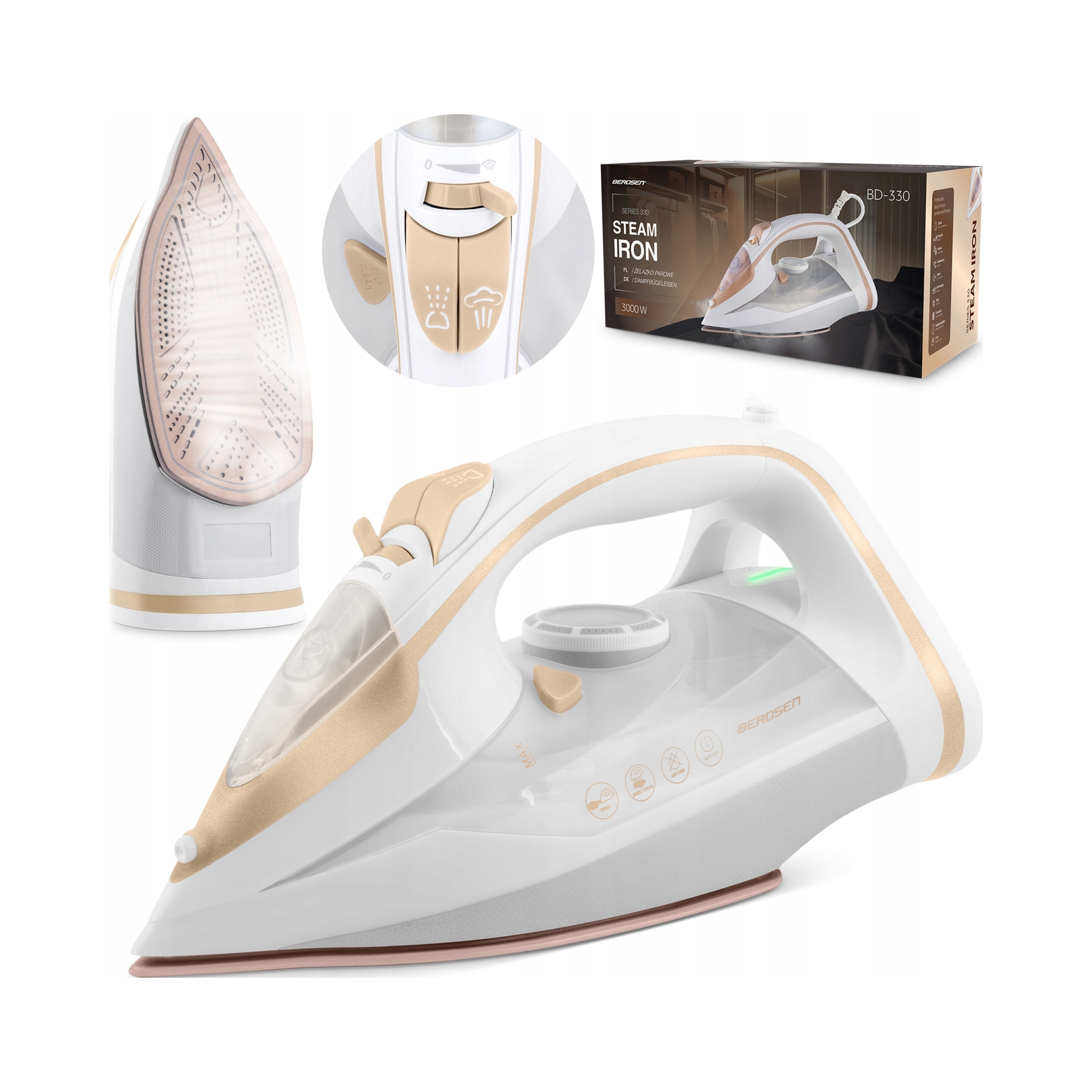 Żelazko parowe 3000W BERDSEN BD-330 ceramiczna powłoka praca w pionie MOCNE