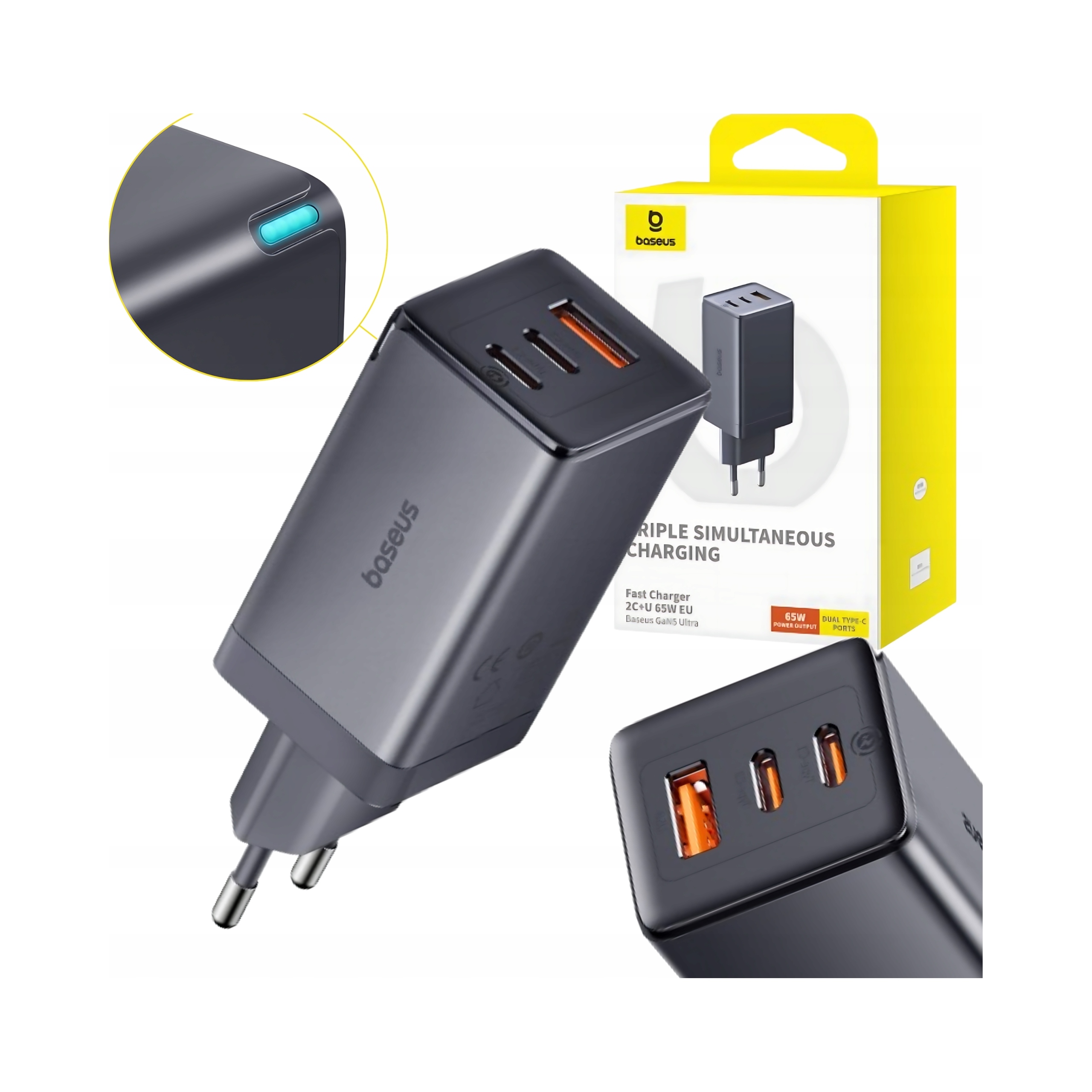 Ładowarka sieciowa Baseus GaN5 2x Usb-c Usb 65W kabel 1m szary