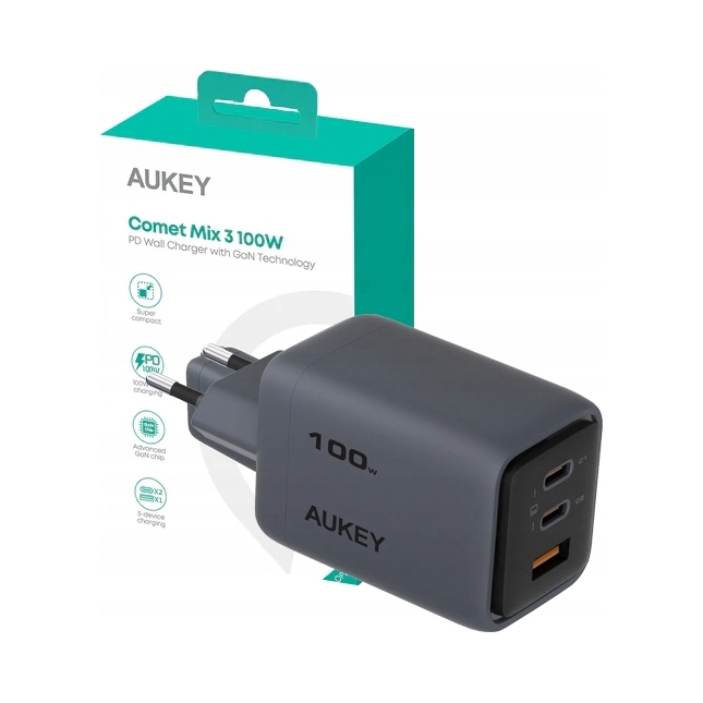 Síťová Nabíječka Aukey cestovní kompaktní 100W 1x Usb-a 2x Usb-c GaN