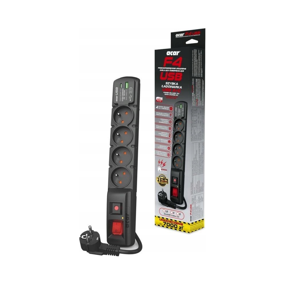 Acar Listwa zasilająca Acar F4 Usb A+c 1.5m 4X PD3.0