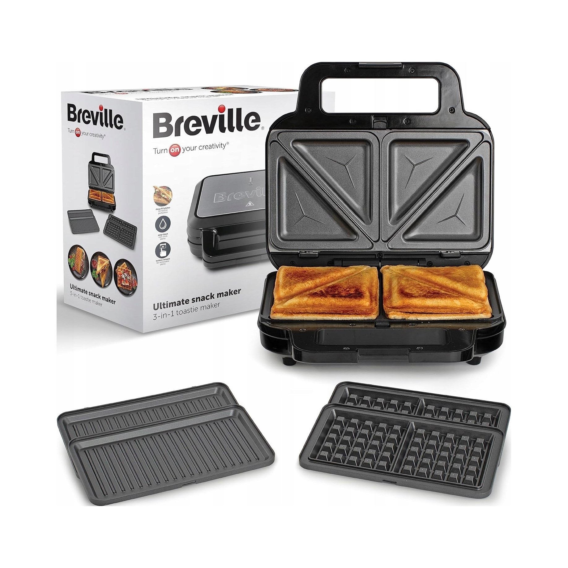 BREVILLE 3w1 Opiekacz Gofrownica Panini Czarny Stal Nierdzewna — miniatura 7