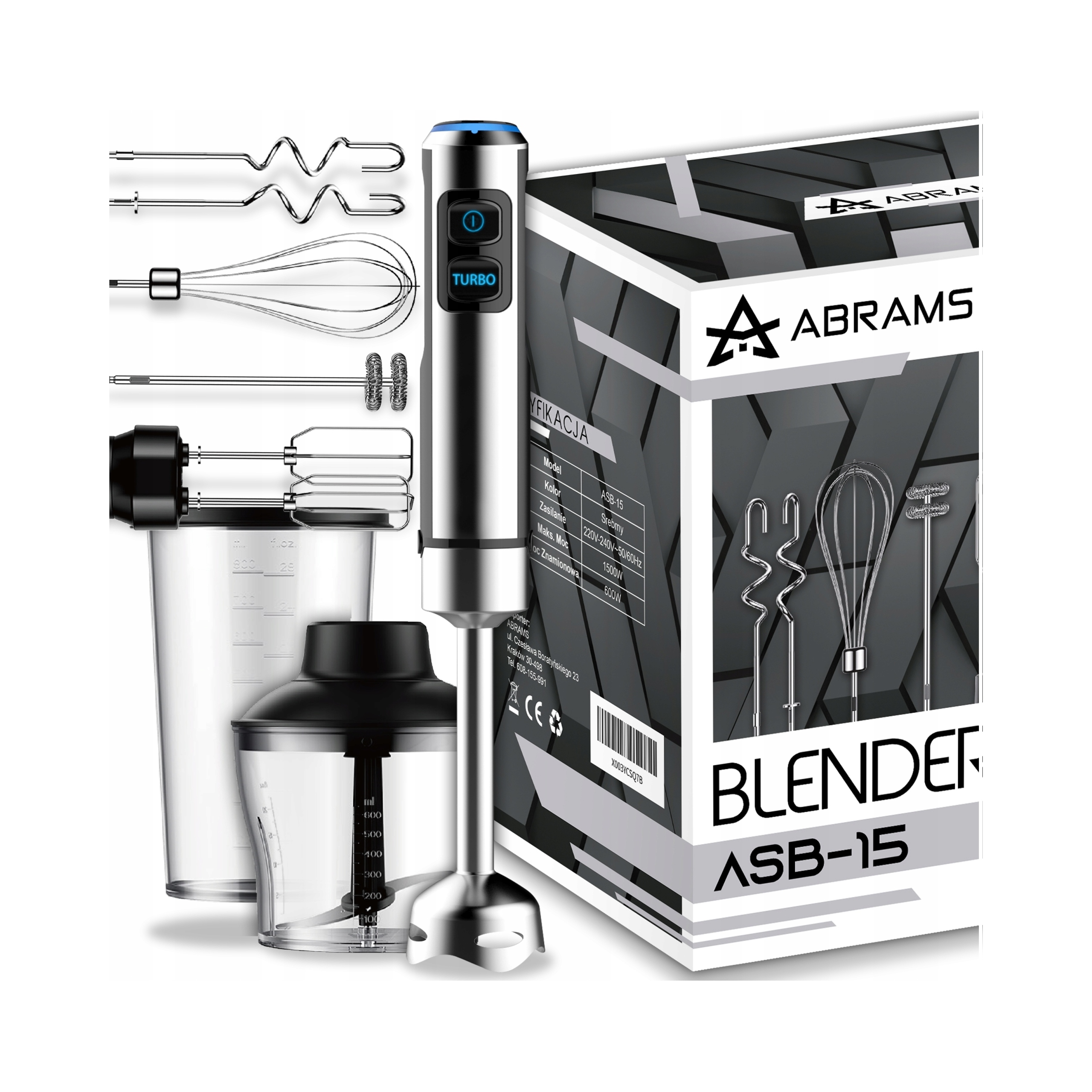 Blender Ręczny 1500W Tytanowe Ostrza 7W1 20 Trybów Zestaw Abrams
