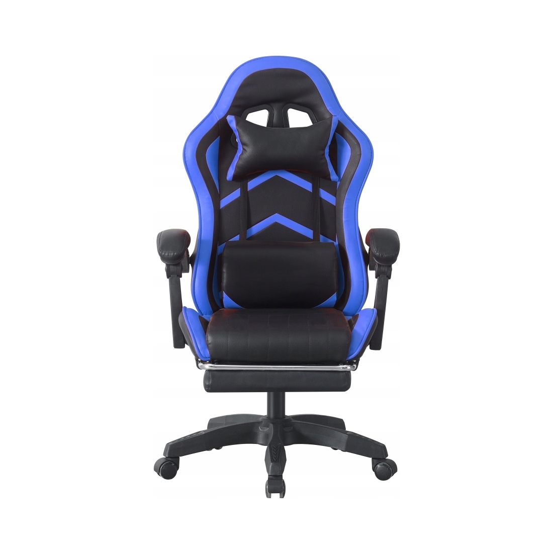Černo-modrá kožená herní židle s podnožkou a polštářky