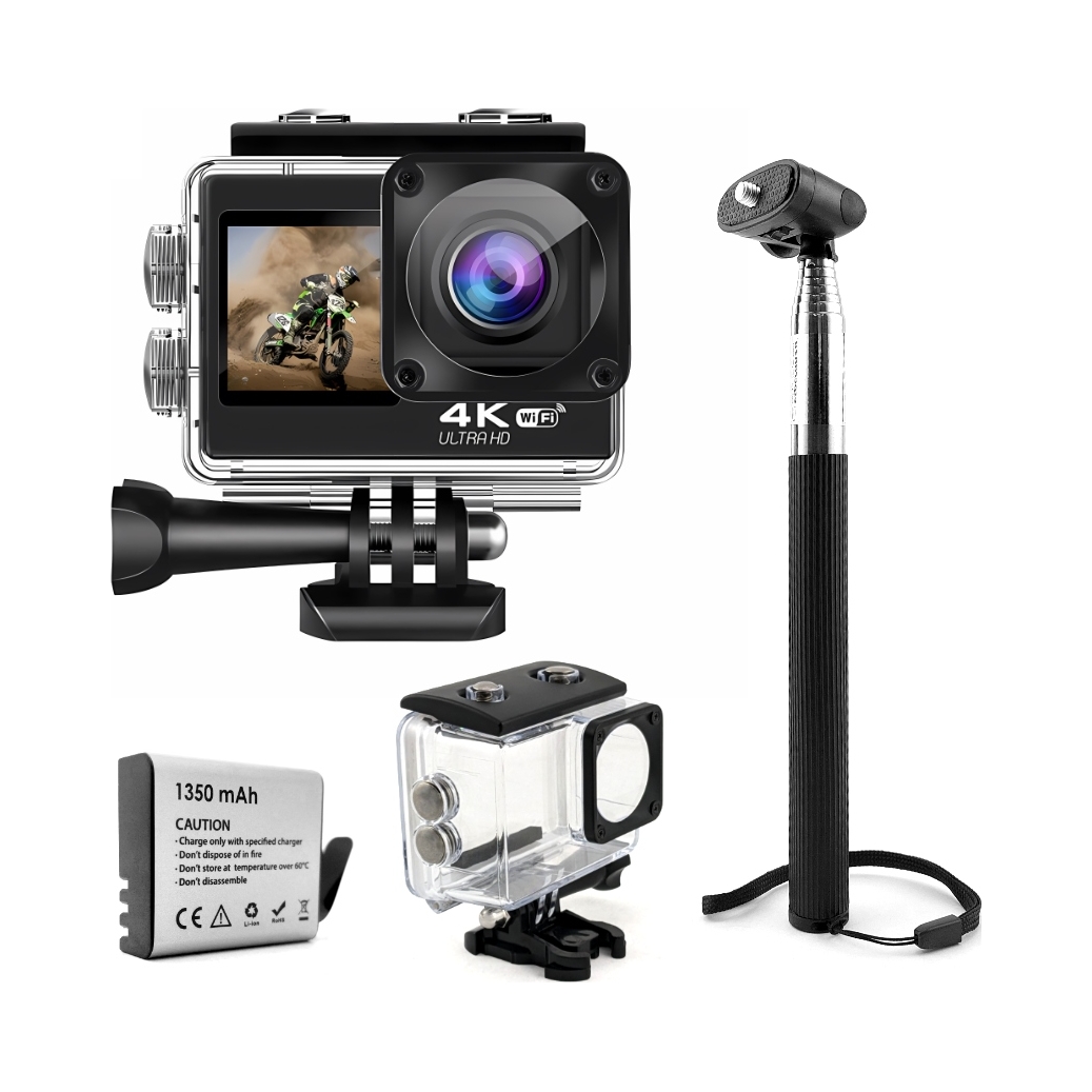 2X KAMERA SPORTOWA 4K 60 FPS UHD GOMEDIA V-35 WI-FI +MONOPOD SELFIE ACKCESO