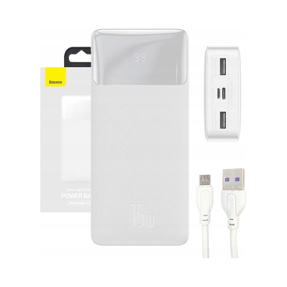 Powerbank Baseus Bipow 20000 mAh 2x Usb Usb-c microUSB 15W biały