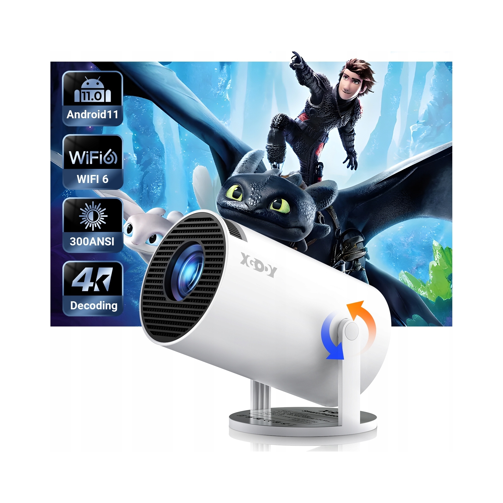 Mini projektor XGODY 4K UHD LED 10000lm Android z WLAN Bluetooth HDMI