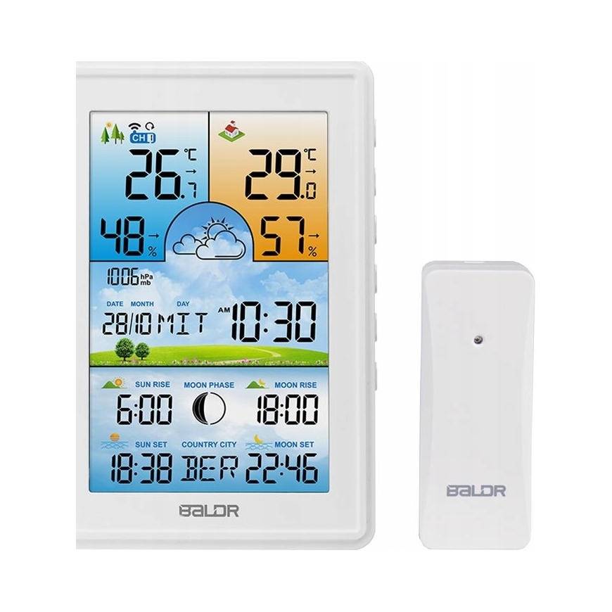 Bezdrátová meteostanice, vlhkoměr, hodiny, fáze Měsíce, kalendář, budí, bíl