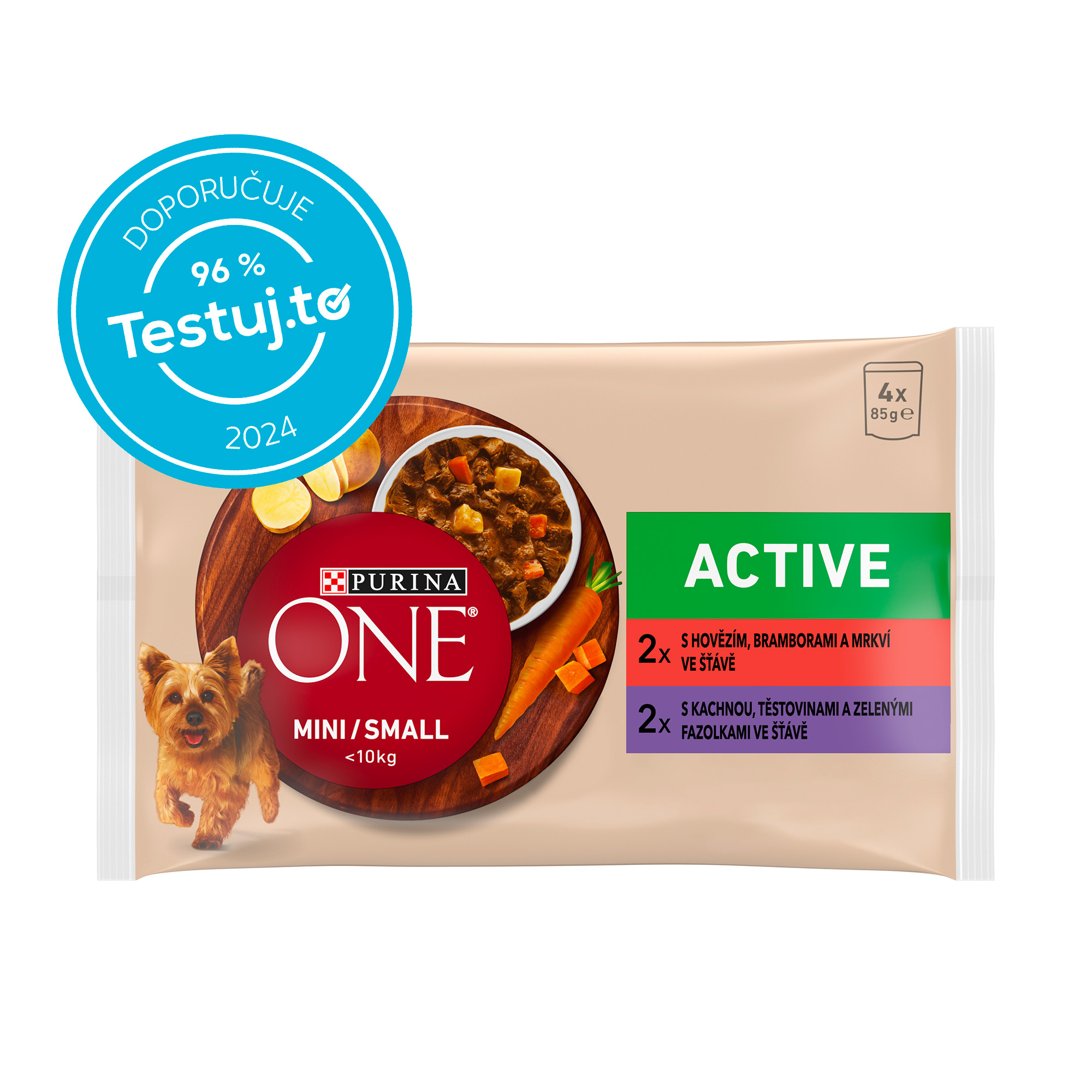 Levně Purina One Mini Dog Active Hovězí a kachna ve šťávě 85 g