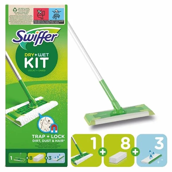 Levně Swiffer Kit Dry Wet Startovací sada mop+ utěrky 8 Suché 3 MOKRÉ=11 Ks