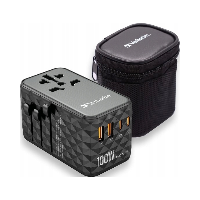 Ładowarka adapter podróżny Verbatim GaN III UTA-06 World 100W Usb 2x Usb-c