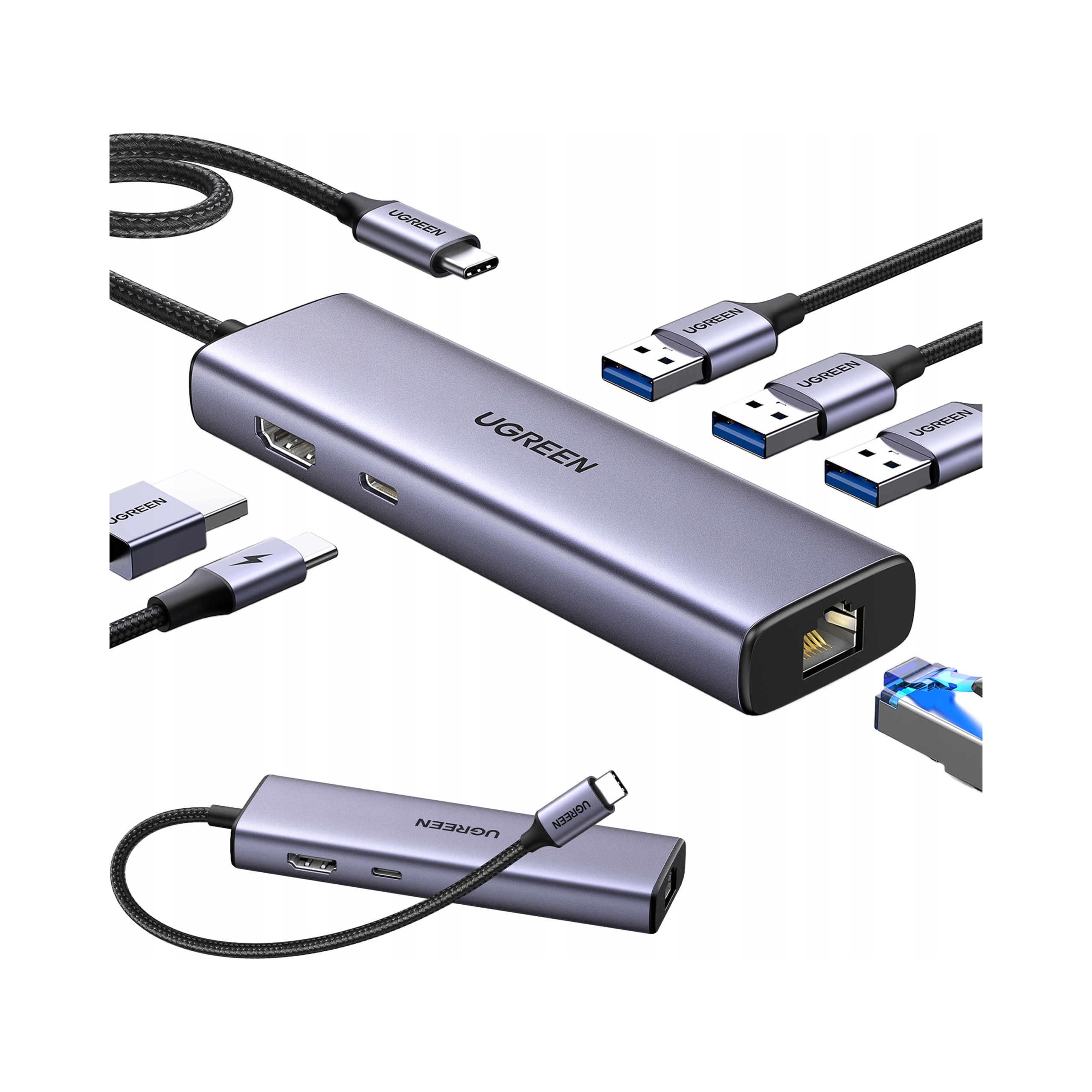 Ugreen adapter hub Usb-c 6w1 do 3x Usb A 3.0 Hdmi 4K RJ45 Lan 1Gb Pd 100W