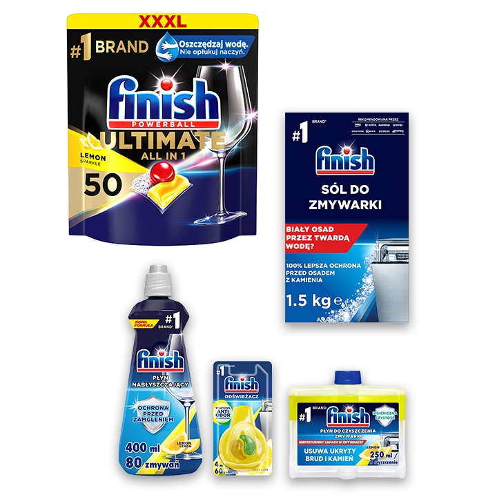 

Finish Ultimate 50 tabletki zmywarki płyn zestaw