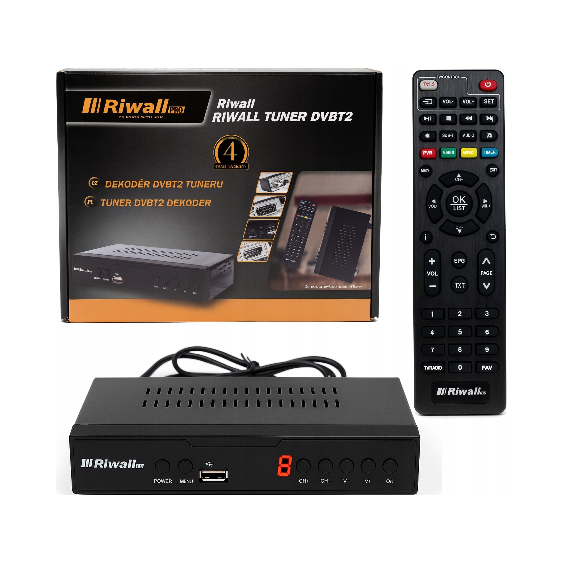 Dekoder DVB-T2 HEVC H.265 Riwall TVCONTROL tuner TV Full HD HDMI USB pilot