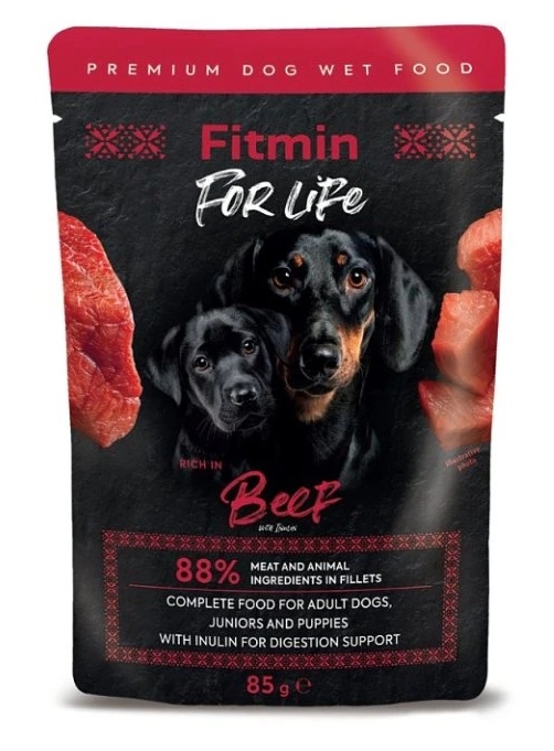 Levně Fitmin For Life Hovězí kapsička pro štěňata a dospělé psy s inulinem 85 g