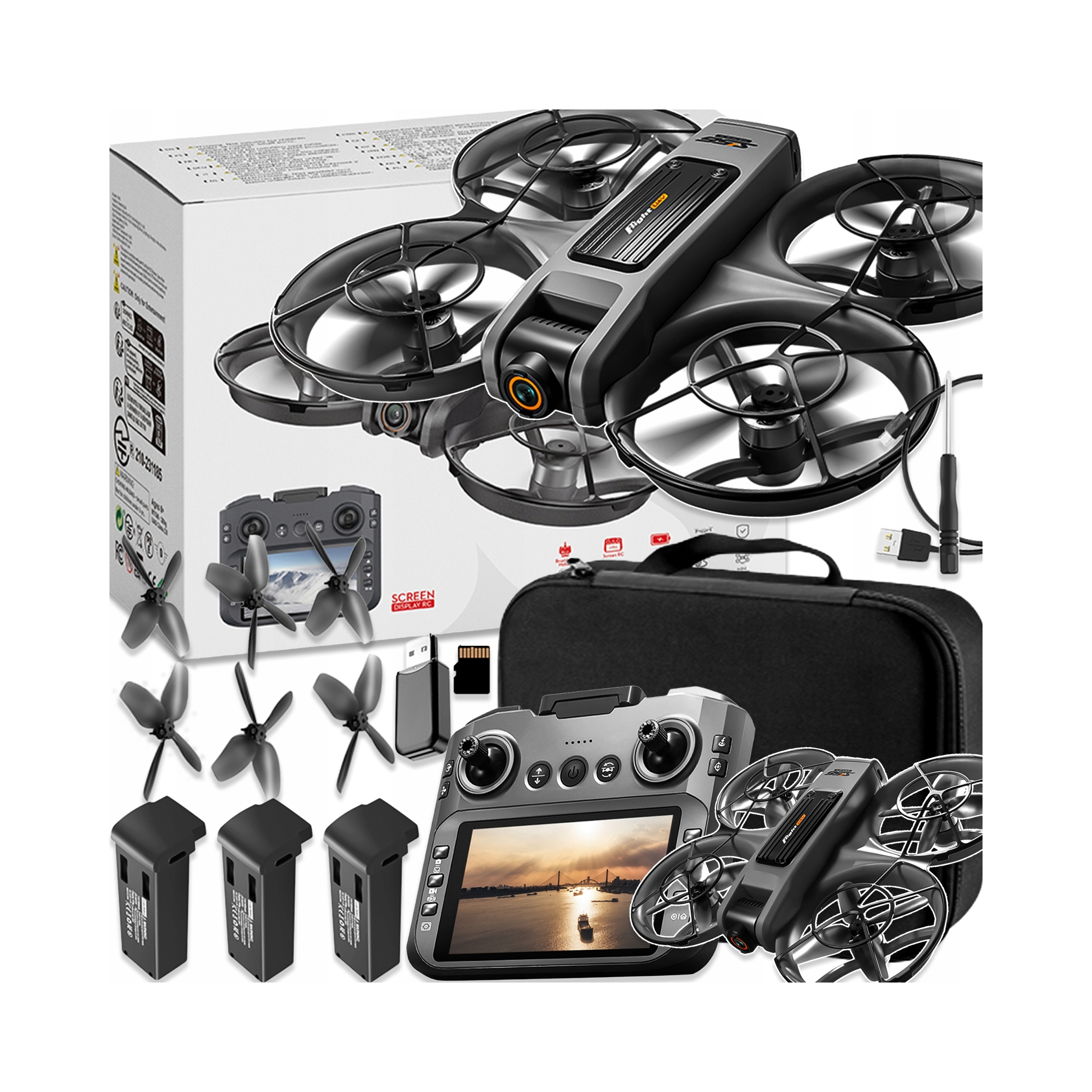 Dron Kontroler LCD 2 kamery Silnik Bezszczotkowy Zabawka 145G Wifi 3x Aku