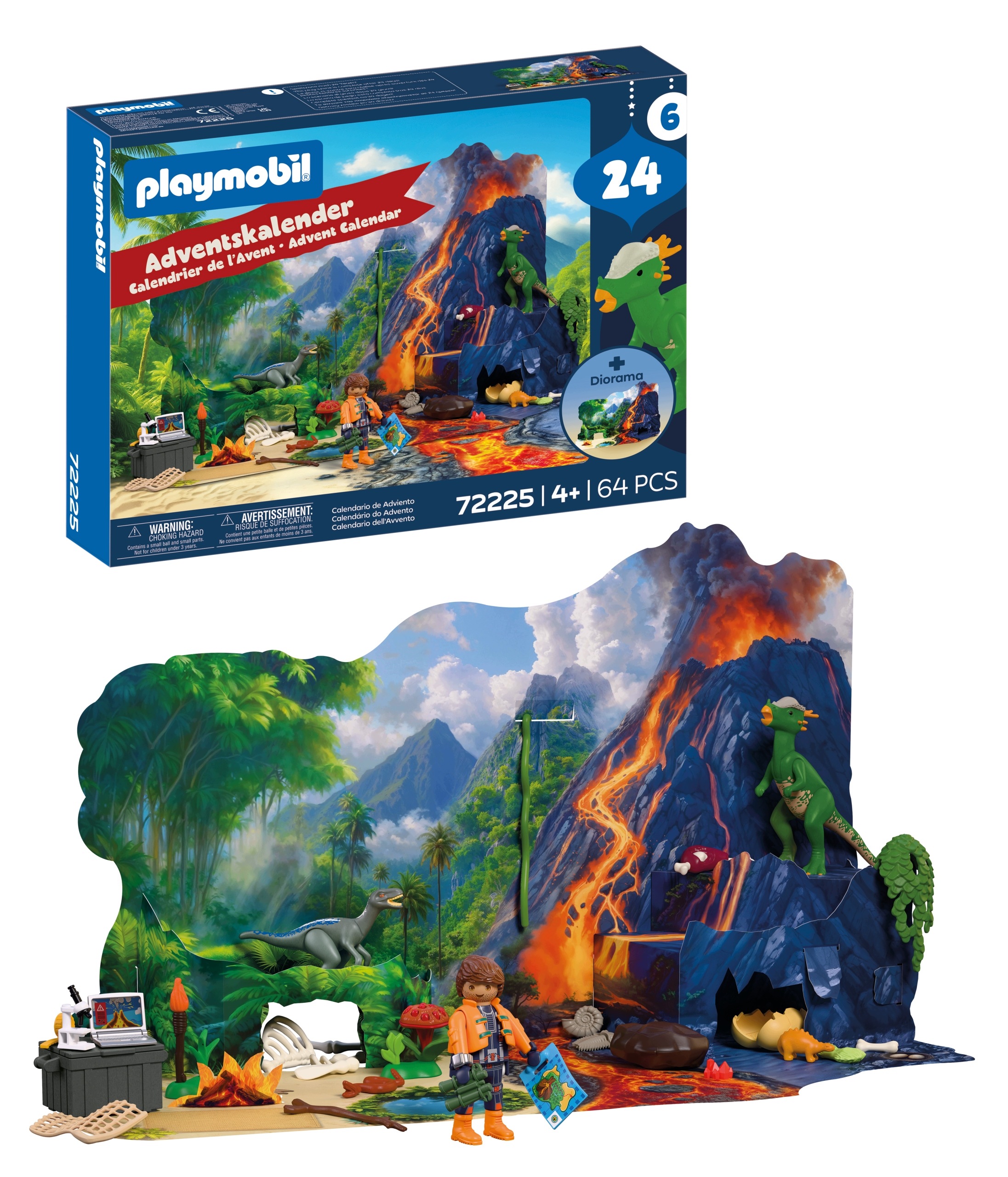 Адвент-календарь Playmobil 72225 Экспедиция динозавров, 64 детали и картонный фон, от 4 лет