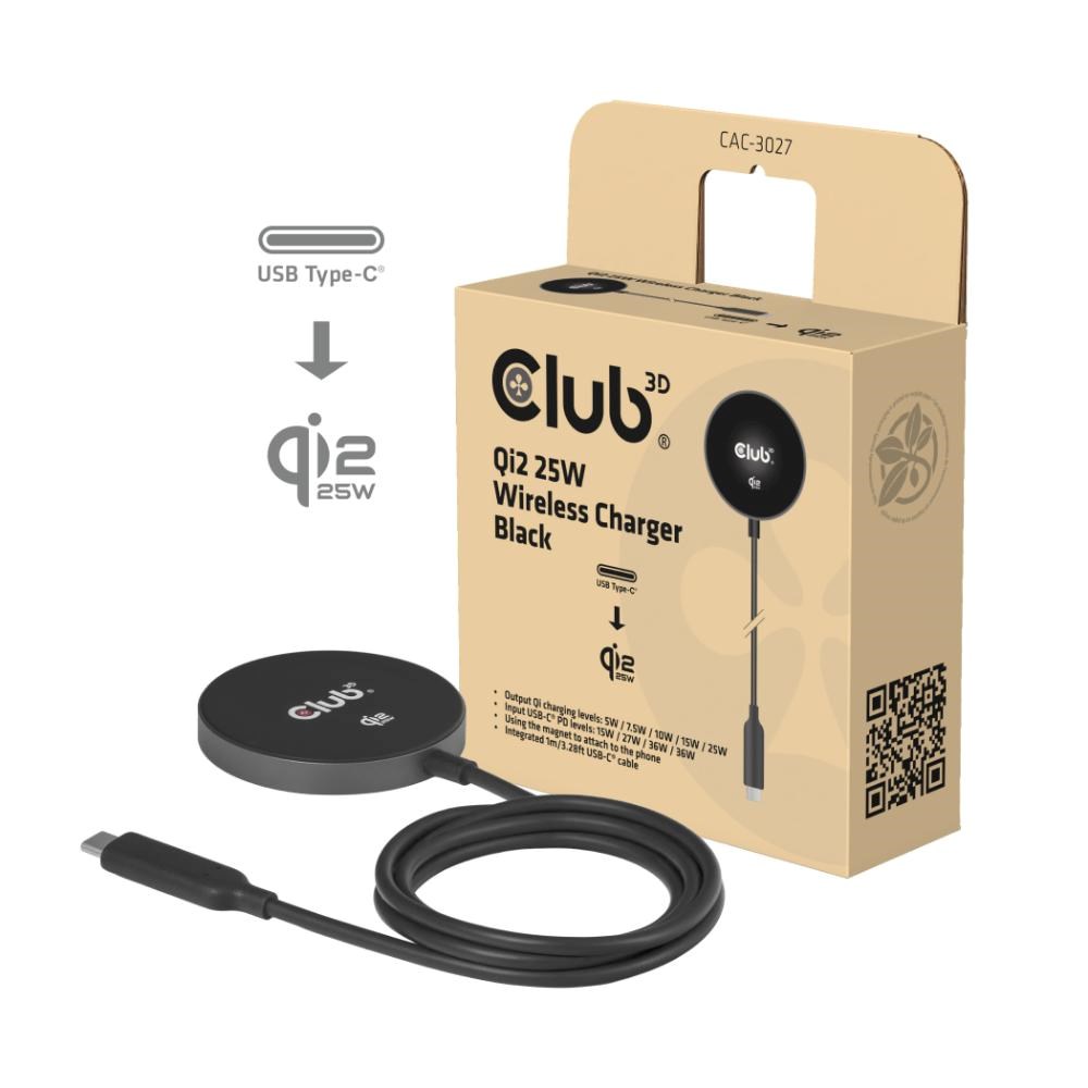 Club3D Bezdrátová nabíječka, 1x Qi2 25W, MagSafe, černá (CAC-3027)