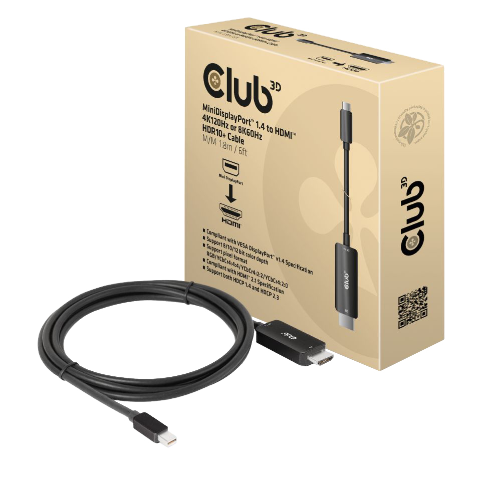 Kábel Club3D miniDP 1.4 na Hdmi, 4K120Hz alebo 8K60Hz HDR10+, M/M, 1.8m