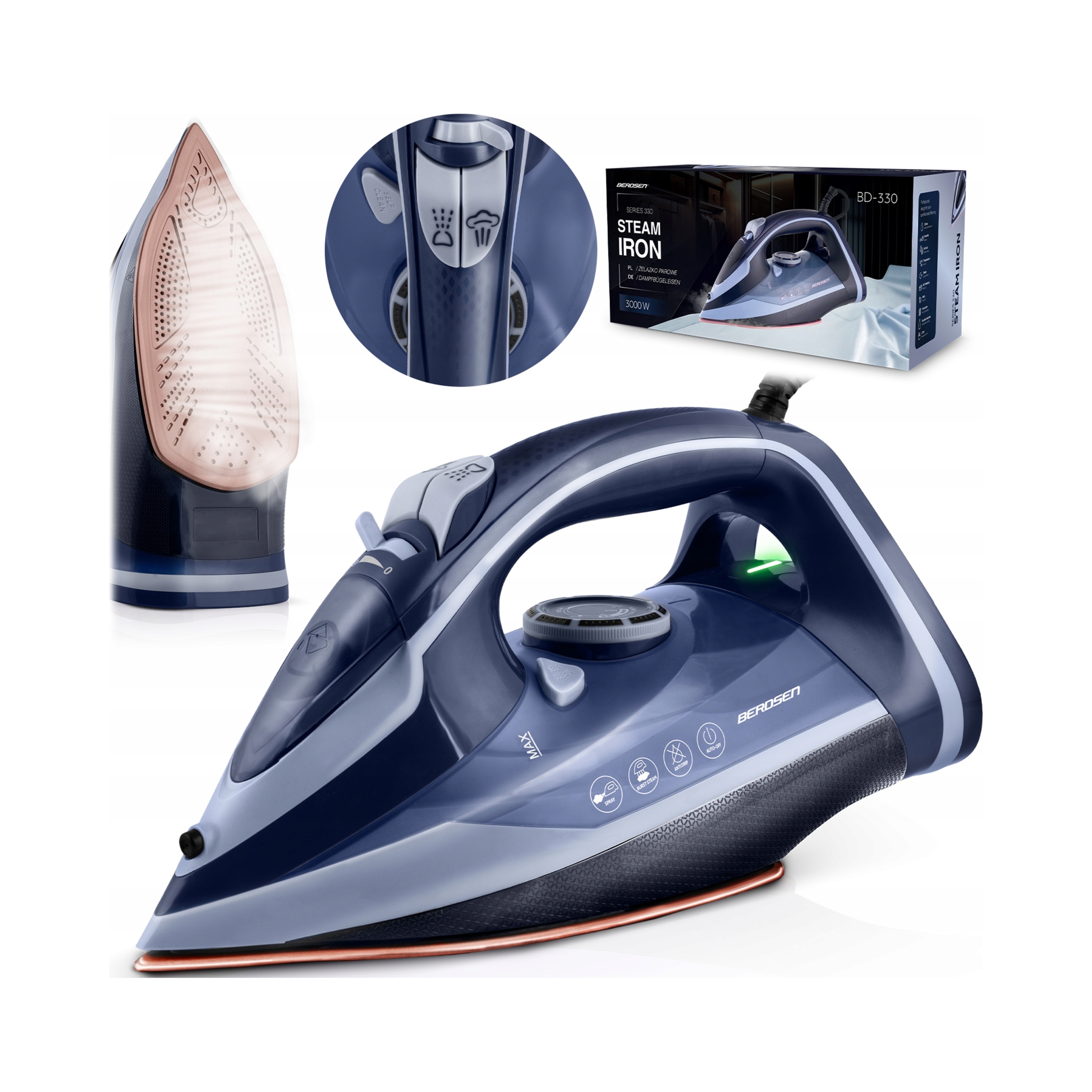 Żelazko parowe 3000W Berdsen BD-330 ceramiczna powłoka praca w pionie