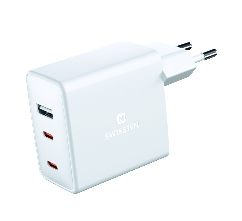 Swissten adaptér GaN 70W Power Delivery pro iPhone 2xUSB-C 1xUSB Bílá