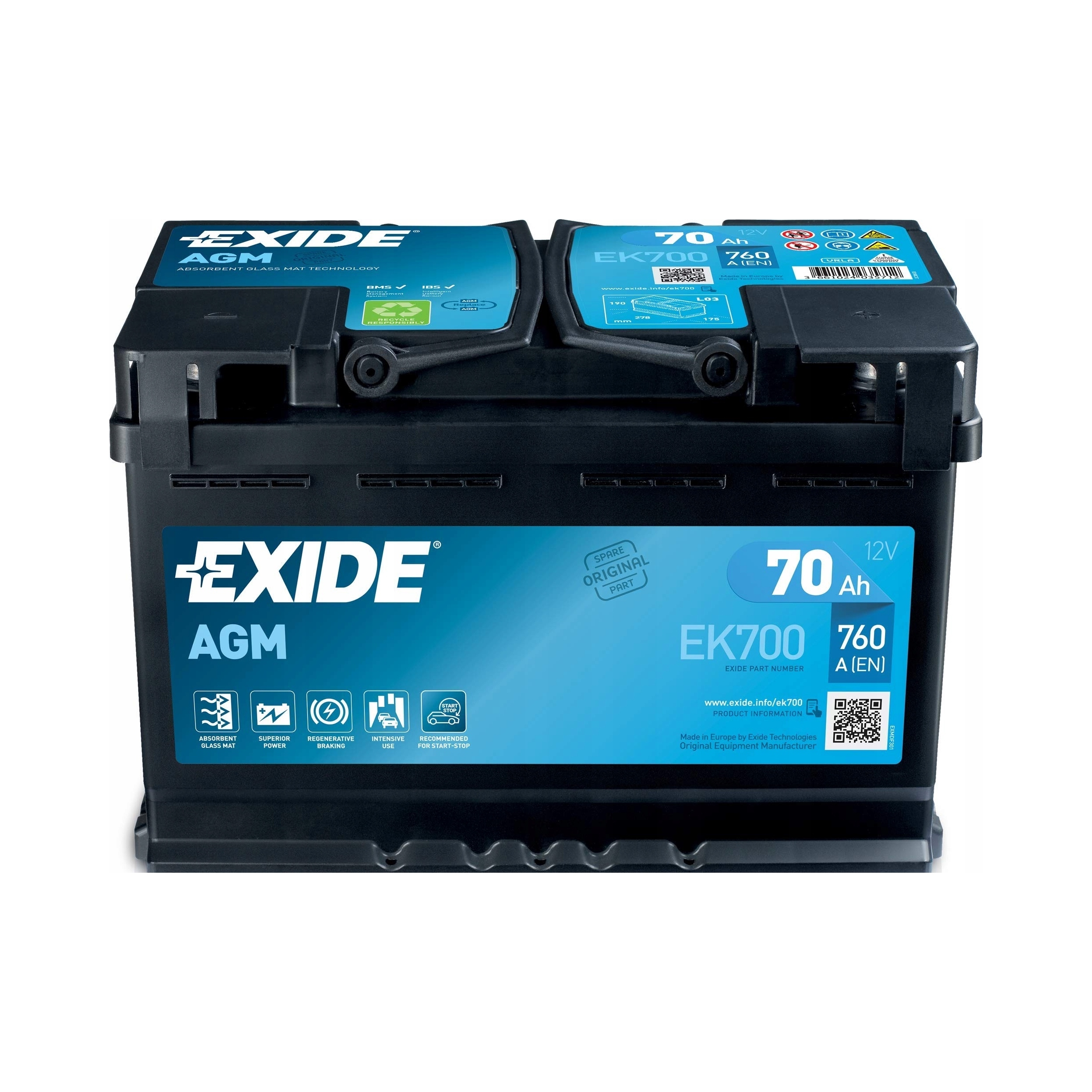 Akumulator Exide 70Ah 12V 70Ah 760A Agm