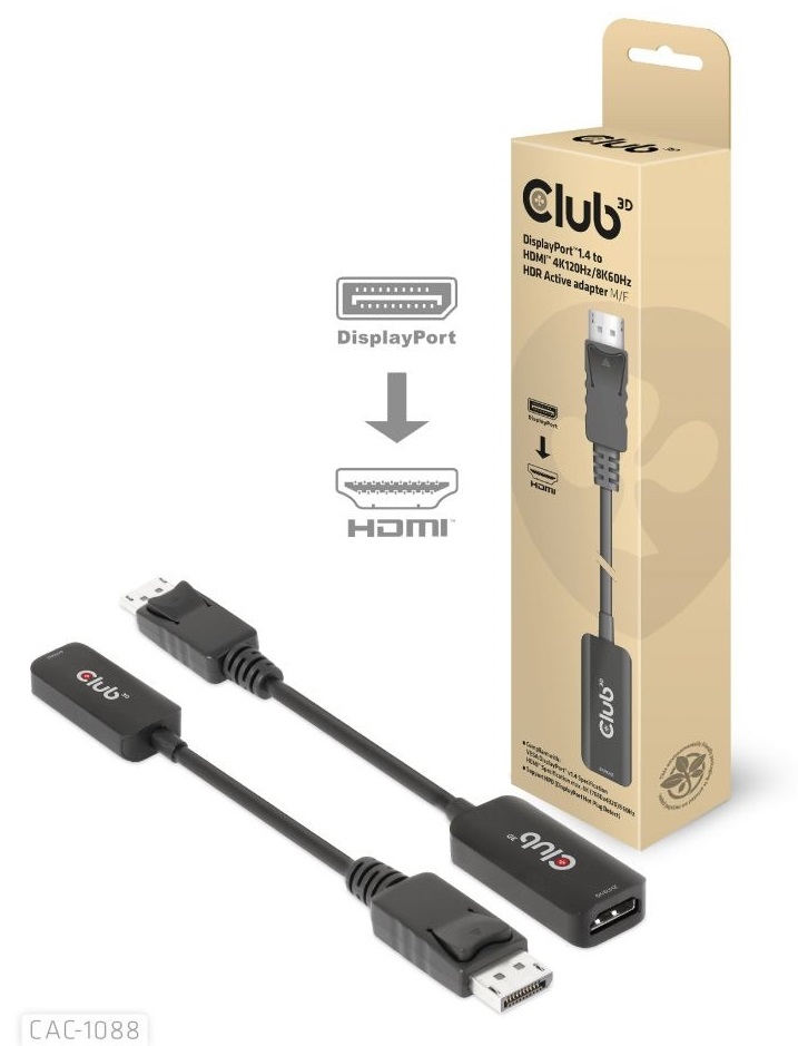 Club3D Adaptér aktivní DisplayPort 1.4 na Hdmi 4K120Hz/8K60Hz Hdr (m/f), če
