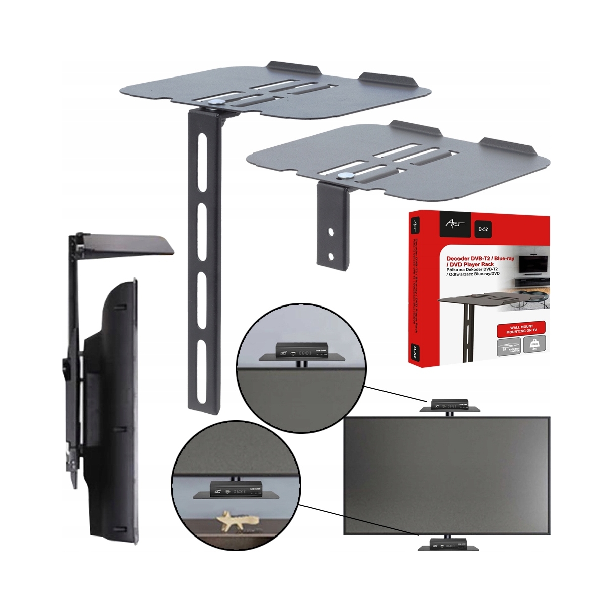 2× Półka ścienna Art D-52 do dekodera DVB-T2, DVD, maks. obciążenie 3 kg