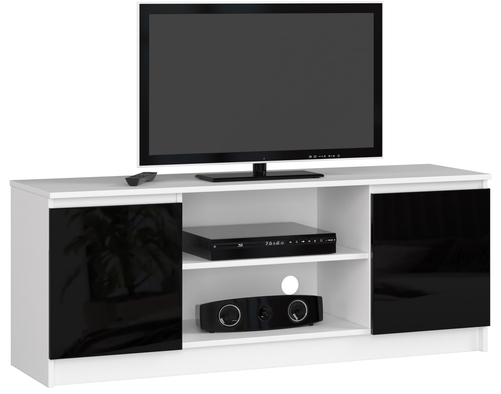 Szafka Rtv 140 cm 2D 1P Biała Czarny Połysk