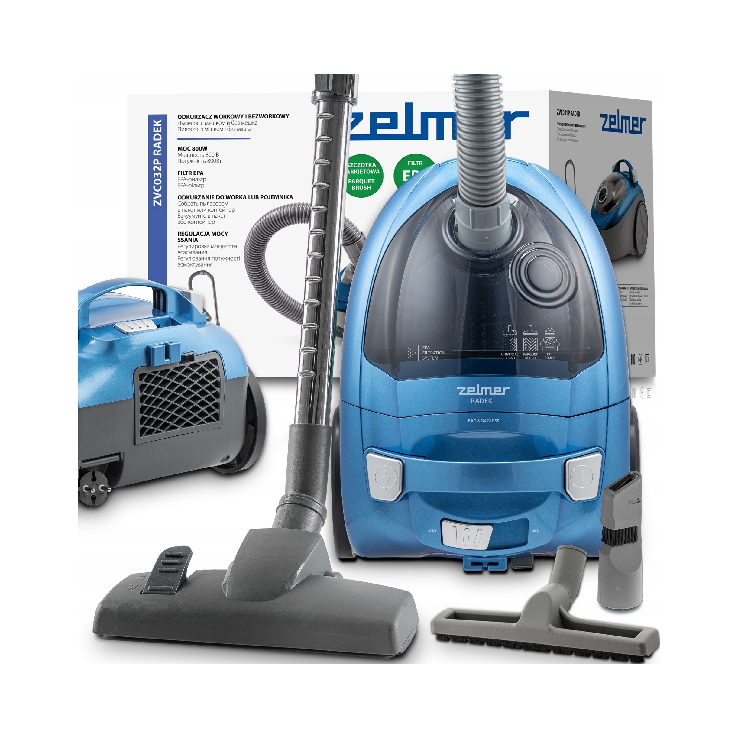 Odkurzacz workowy bezworkowy 2w1 Zelmer Radek ZVC032P 800W regulacja mocy