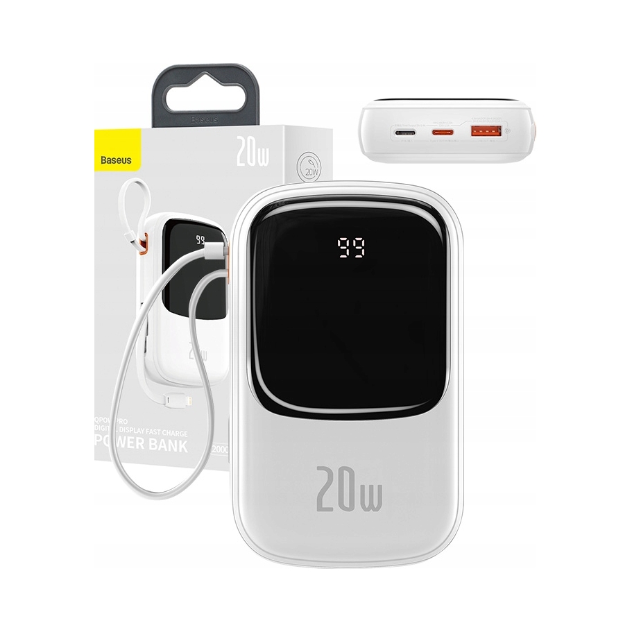 Powerbanka Baseus Qpow Pro 20000mAh 20W Lightning kabel Usb-c Bílá