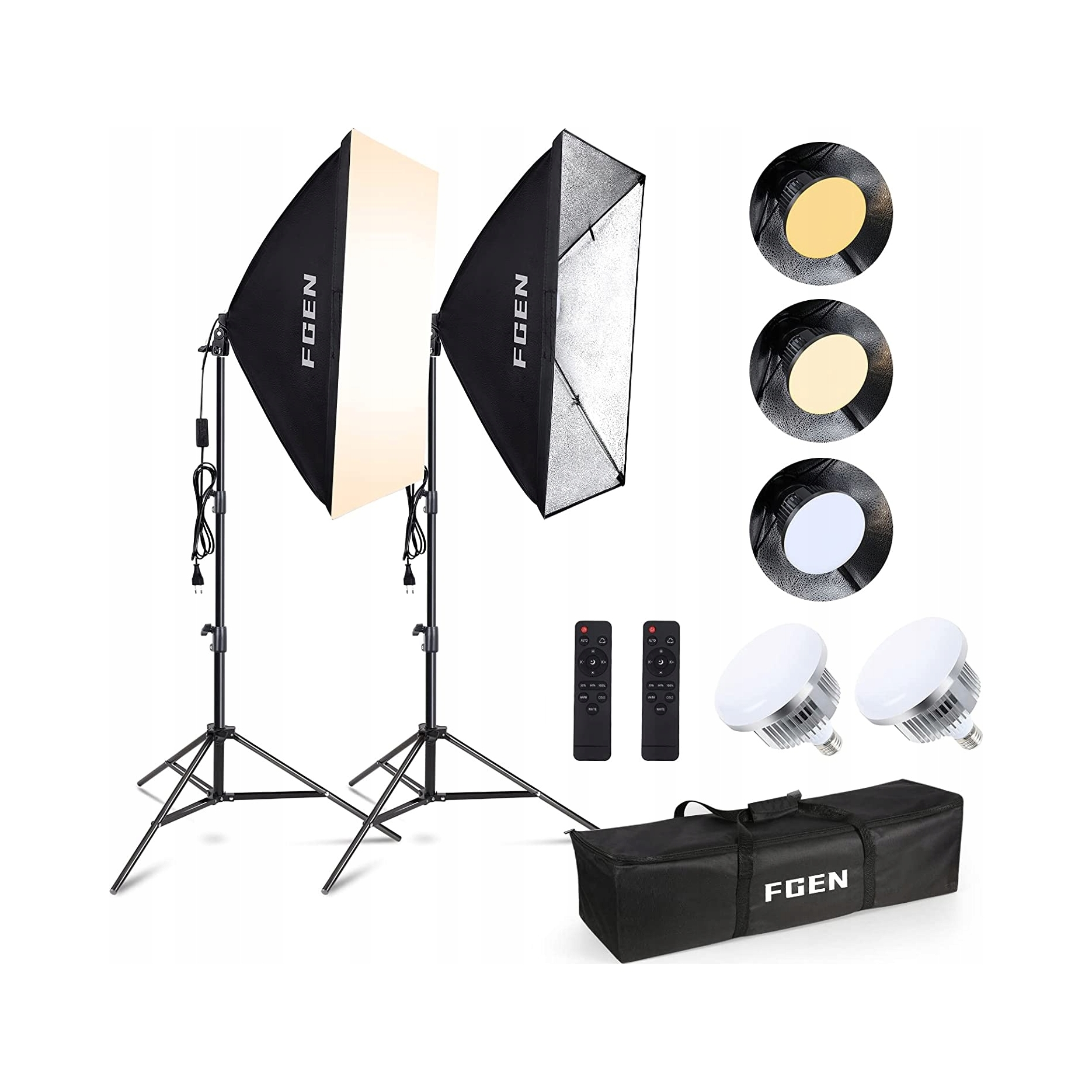 Zestaw oświetleniowy FGEN softboxy, żarówki, piloty