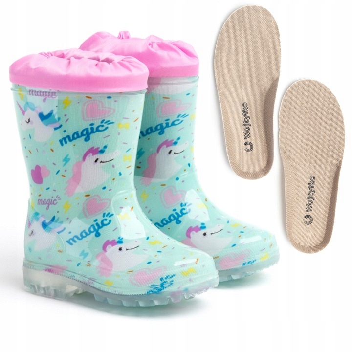 WOJTYŁKO 4121 KALOSZE DZIEWCZĘCE KOŁNIERZ Z GUMKĄ MIĘTOWE JEDNOROŻCE R 24